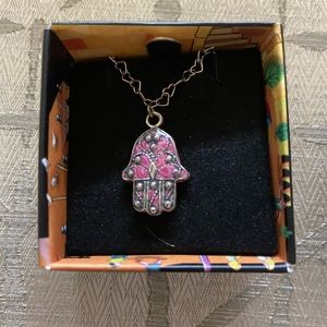 adina Plastelina Silver/Rose Quartz Hamsa Necklace